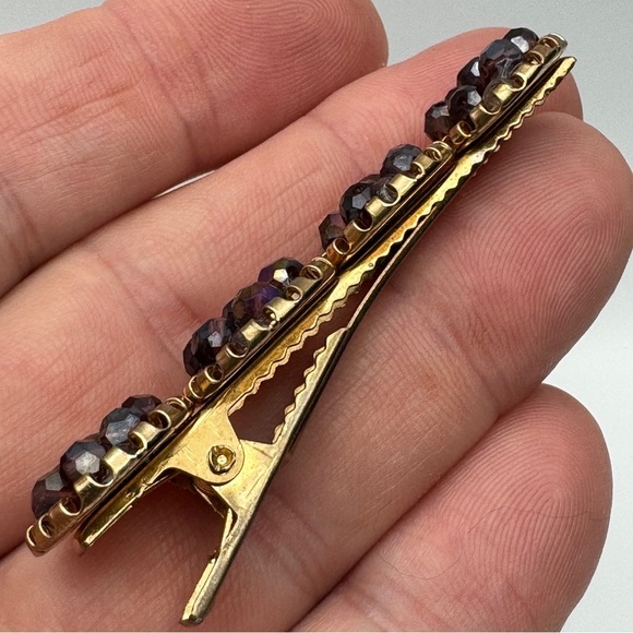 Gold Hair Clip • Garnet Red Glass Beads • 2.5” - Picture 3 of 7